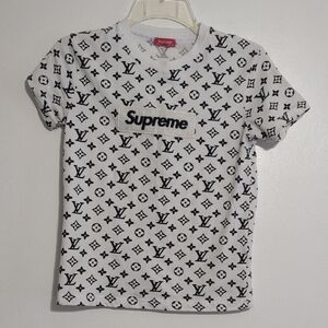 Supreme Kids White Tee with Black LV Logo